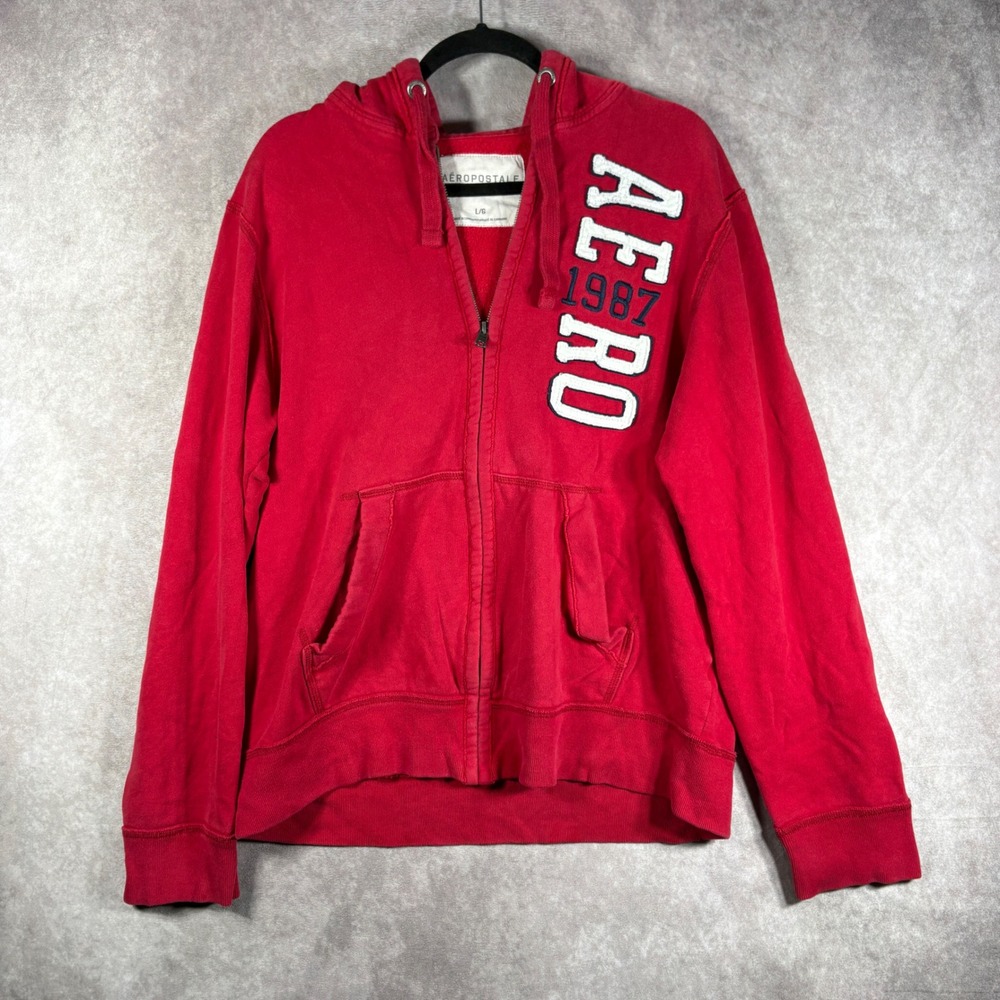 Aeropostale Hoodie Sweater Men Large Red Full Zip Logo Graphic Fleece Casual y2k